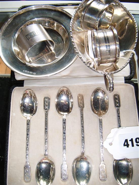 George V silver navette-shaped 2-handled small pedestal bowl, set 6 silver teaspoons, cased, 3 silver napkin rings & a pin dish